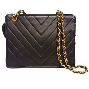 Chanel V Stitch Chain Shoulder Bag Black Lambskin Gold Hardware Coco Charm